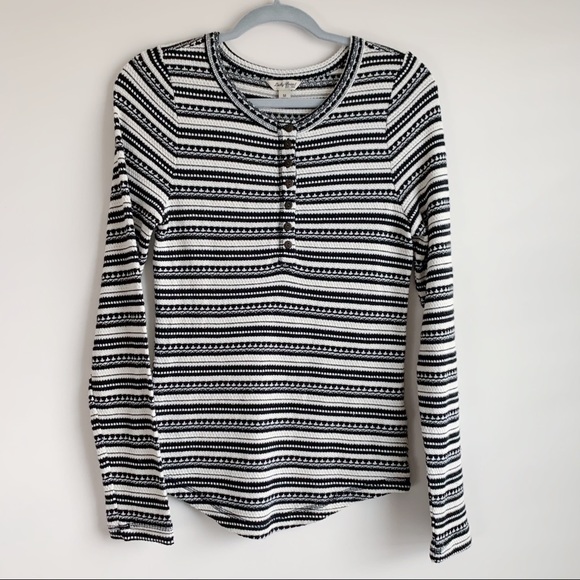LUCKY BRAND Chloe Striped Thermal Henley Top Waffle Knit Black White Size Medium - Picture 2 of 6